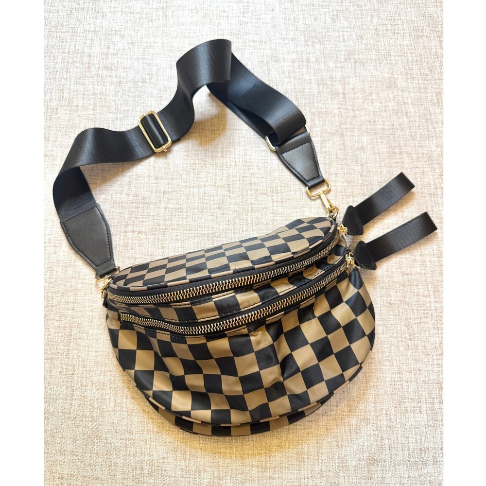 Checkered Crossbody Bag Nylon Saddle Fanny Pack Bum Bag Tan Black
